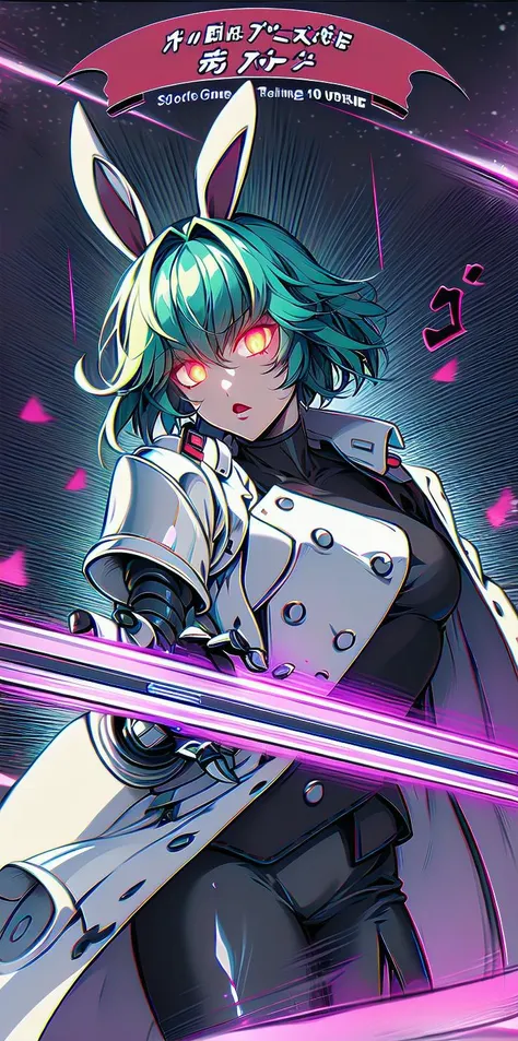 solo, 1girl, (white long fluffy bunny ears.1.5), green hair, <lyco:GoodHands-beta2:1.0>, <lyco:image_compositionLoCon:1.0>,black military uniform, jacket, jet black skirt, red tie, oversized mechanical gauntlets, claws on fingers, (red glowing eyes:1.5), violence, <lyco:Robotaction:0.2>, debris, motion lines, speed lines, <lora:urbantechwear:0.35>, techwear, outfit, mechanical limbs, exciting camera angle, MenacingJojo, text, <lora:MenacingJojo:1>, red eyes, full armor, power armor, mecha, gundam, (PALE SKIN:1.25), <lora:add_detail:0.35>, nice hands, perfect hands, military jacket, overcoat,