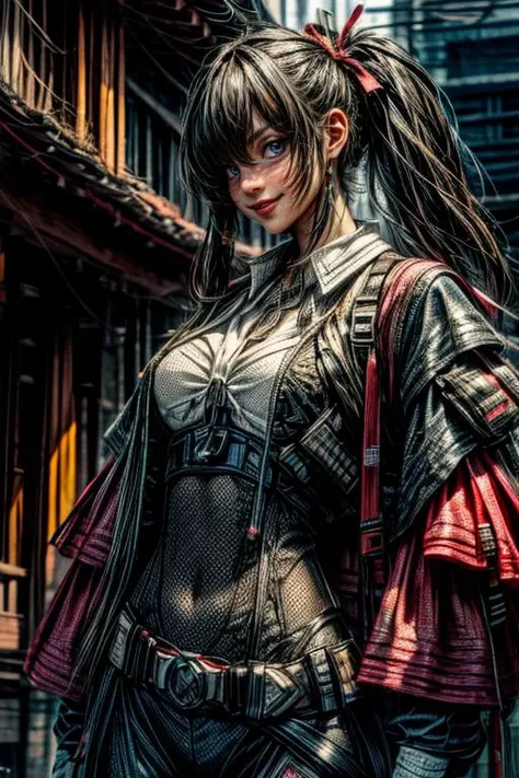 <lora:urbantechwear:1>, (urban techwear,outfit:1),<lora:add_detail:1>,<lora:more_details:1>,<lora:clothing details_v1.2_lbw:1.2>,ultra-detailed,best quality,masterpiece,highest detailed,16k,8k,ultra highres,absurdres,highres,HDR,intricate detail,high resolution,(extremely detailed face,extremely detailed eyes,extremely detailed body,extremely detailed breast,extremely detailed hair:1),Beautiful body,Beautiful Nose,perfect eyes,perfect face,expressive eyes,perfect balance,sharp focus,flawless,extreme detail description,delicate hair details,RAW,<lora:detail_slider_v4:2>,, tan skin, mixed race, woman, adult, 31 year old, masterpiece, best quality, standing, arms behind back, blush, slim, short, muscular, slacks, pants, silk blouse, silk ribbon collar, small breasts, narrow waist, hips, neat hair, very long black hair, brown eyes, thick eyebrows, Brazilian, (smile, grin, loving expression, looking at viewer, confident, smirk), healthy, (puffy nipples pointing down:1),(armpit hair, poking out from under her arms:1),(eyebrows are elongated to cover far more of her brow:1),