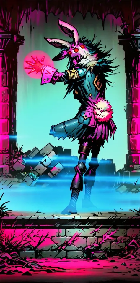 solo, 1girl, (white long fluffy bunny ears.1.5), green hair, <lyco:GoodHands-beta2:1.0>, <lyco:image_compositionLoCon:1.0>,black military uniform, jacket, jet black skirt, red tie, oversized mechanical gauntlets, claws on fingers, (red glowing eyes:1.5), violence, <lyco:Robotaction:0.2>, debris, motion lines, speed lines, <lora:urbantechwear:0.35>, techwear, outfit, mechanical limbs, exciting camera angle, MenacingJojo, text, <lora:MenacingJojo:1>, red eyes, full armor, power armor, mecha, gundam, (PALE SKIN:1.25), <lora:add_detail:0.35>, nice hands, perfect hands, military jacket, overcoat, <lora:DarkestDungeonV2:1.0>