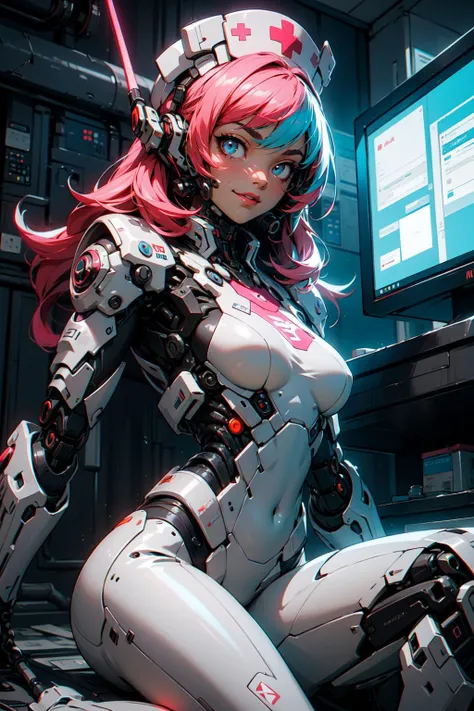 (masterpiece:1.1), (best quality:1.1), (vibrant colors:1.2), BREAK, (biopunk:1.1), BREAK, (solo:1.2), (dynamic angle:1.1), (nurse:1.1), (nurse cap:1.0), (mecha:1.0), (cybernetic limbs:1.1), (looking at viewer:1.0), (smirking:1.0), <lora:urbantechwear:0.4>, BREAK, (hospital:1.0), (indoors:1.0), (neon lights:1.0)