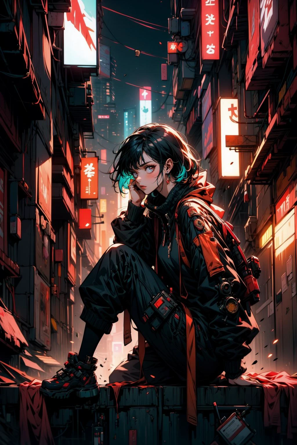(masterpiece:1.4), (intricate:1.2), (detailed:1.2), (vibrant colors:1.2), BREAK,
(cyberpunk:1.2), BREAK,
(1girl:1.2), (urban techwear:1.0), (pensive.1.0), (lost in thought:1.0), (daydreaming:1.0), (leaning against a wall:1.1), <lora:urbantechwear:0.6>, BREAK,
(neon ads:1.0), (squalor:1.0), (dark:1.2), (poverty:1.0), (futuristic skyline :1.1)