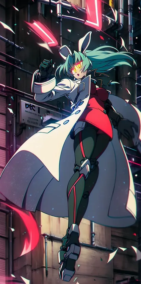 solo, 1girl, (white long fluffy bunny ears.1.5), green hair, <lyco:GoodHands-beta2:1.0>, <lyco:image_compositionLoCon:1.0>,black military uniform, jacket, jet black skirt, red tie, oversized mechanical gauntlets, claws on fingers, (red glowing eyes:1.5), violence, <lyco:Robotaction:0.2>, debris, motion lines, speed lines, <lora:urbantechwear:0.35>, techwear, outfit, mechanical limbs, exciting camera angle, MenacingJojo, text, <lora:MenacingJojo:1>, red eyes, full armor, power armor, mecha, gundam, (PALE SKIN:1.25), <lora:add_detail:0.35>, nice hands, perfect hands, military jacket, overcoat,  <lora:Ghost in the Shell Style:0.65>