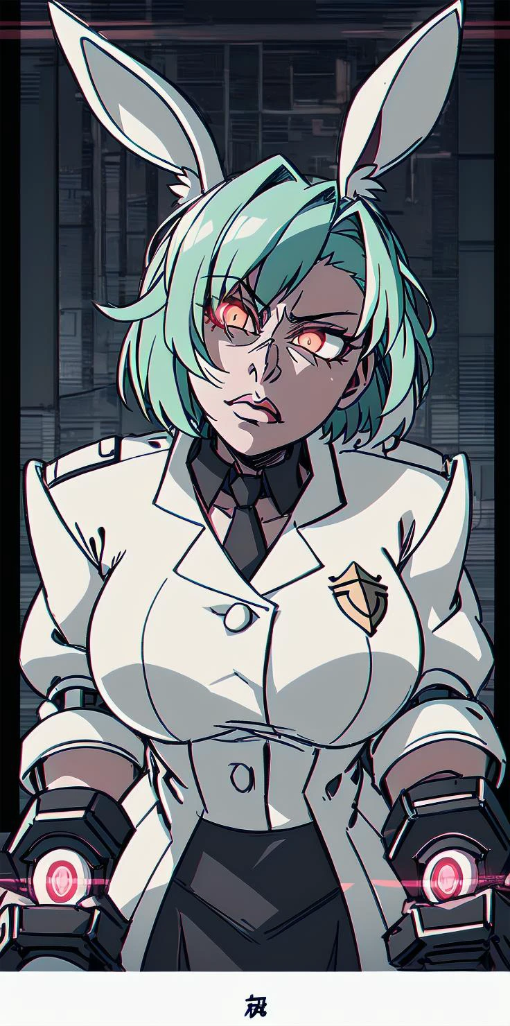 solo, 1girl, (white long fluffy bunny ears.1.5), green hair, <lyco:GoodHands-beta2:1.0>, <lyco:image_compositionLoCon:1.0>,black military uniform, jacket, jet black skirt, red tie, oversized mechanical gauntlets, claws on fingers, (red glowing eyes:1.5), violence, <lyco:Robotaction:0.2>, debris, motion lines, speed lines, <lora:urbantechwear:0.35>, techwear, outfit, mechanical limbs, exciting camera angle, MenacingJojo, text, <lora:MenacingJojo:1>, red eyes, full armor, power armor, mecha, gundam, (PALE SKIN:1.25), <lora:add_detail:0.35>, nice hands, perfect hands, military jacket, overcoat, <lora:Helltaker:0.45>