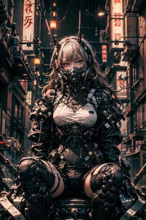 (masterpiece:1.4), (intricate:1.2), (detailed:1.2), (vibrant colors:1.2), BREAK,
(cyberpunk:1.2), (futuristic:1.2), (vaporwave:1.0), (crotch shot:1.0), (red and black:1.4), (from below:1.0), BREAK,
(1girl:1.2), (solo:1.4), (urban techwear:1.0), <lora:urbantechwear:0.6> , (techpunkmask:1.0), <lora:techpunkmask_v0.5:0.6> , (sitting:1.2), (horns:1.2), (white hair:1.0), BREAK,
(outside:1.2), (night:1.4),(empty street:1.0), (neon signs:1.2),