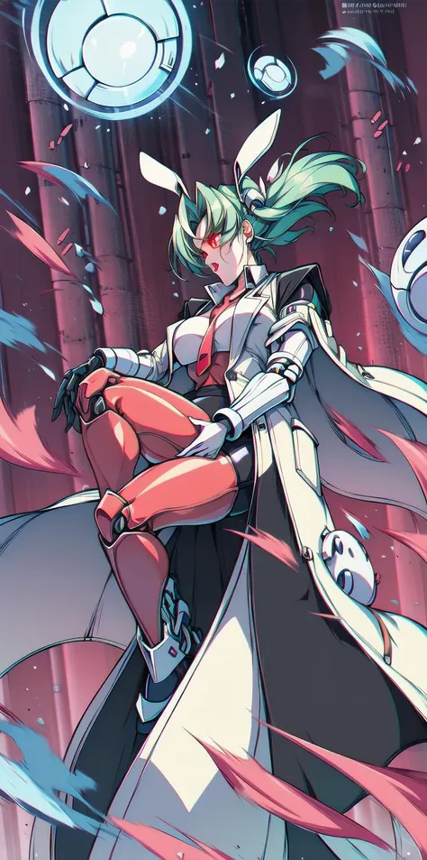 solo, 1girl, (white long fluffy bunny ears.1.5), green hair, <lyco:GoodHands-beta2:1.0>, <lyco:image_compositionLoCon:1.0>,black military uniform, jacket, jet black skirt, red tie, oversized mechanical gauntlets, claws on fingers, (red glowing eyes:1.5), violence, <lyco:Robotaction:0.2>, debris, motion lines, speed lines, <lora:urbantechwear:0.35>, techwear, outfit, mechanical limbs, exciting camera angle, MenacingJojo, text, <lora:MenacingJojo:1>, red eyes, full armor, power armor, mecha, gundam, (PALE SKIN:1.25), <lora:add_detail:0.35>, nice hands, perfect hands, military jacket, overcoat,  <lora:urushihara_satoshi_v15:1.0>