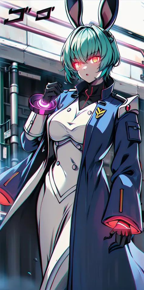 solo, 1girl, (white long fluffy bunny ears.1.5), green hair, <lyco:GoodHands-beta2:1.0>, <lyco:image_compositionLoCon:1.0>,black military uniform, jacket, jet black skirt, red tie, oversized mechanical gauntlets, claws on fingers, (red glowing eyes:1.5), violence, <lyco:Robotaction:0.2>, debris, motion lines, speed lines, <lora:urbantechwear:0.35>, techwear, outfit, mechanical limbs, exciting camera angle, MenacingJojo, text, <lora:MenacingJojo:1>, red eyes, full armor, power armor, mecha, gundam, (PALE SKIN:1.25), <lora:add_detail:0.35>, nice hands, perfect hands, military jacket, overcoat,