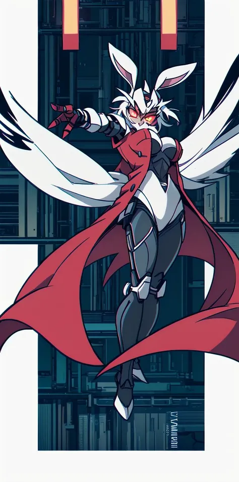 solo, 1girl, (white long fluffy bunny ears.1.5), green hair, <lyco:GoodHands-beta2:1.0>, <lyco:image_compositionLoCon:1.0>,black military uniform, jacket, jet black skirt, red tie, oversized mechanical gauntlets, claws on fingers, (red glowing eyes:1.5), violence, <lyco:Robotaction:0.2>, debris, motion lines, speed lines, <lora:urbantechwear:0.35>, techwear, outfit, mechanical limbs, exciting camera angle, MenacingJojo, text, <lora:MenacingJojo:1>, red eyes, full armor, power armor, mecha, gundam, (PALE SKIN:1.25), <lora:add_detail:0.35>, nice hands, perfect hands, military jacket, overcoat, <lora:Helltaker:0.45>
