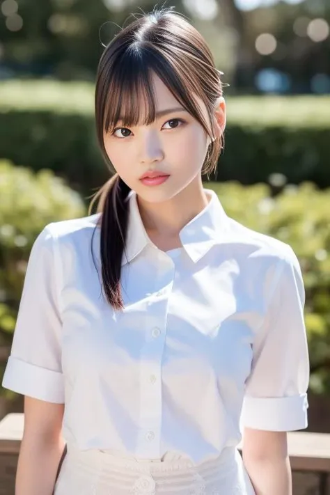 ((Highest quality, 8K, masterpiece: 1.3)), sharp: 1.2, Perfect Body Beauty: 1.4, Slim Abs: 1.2, ((Layered Hairstyles, Big Breasts: 1.2)), (濡れた White Button Long Shirt: 1.1), (nude: 1.2), Face close-up: 1.5, Highly detailed face and skin texture, Beautiful Eyes, double eyelid, Profile looking at camera