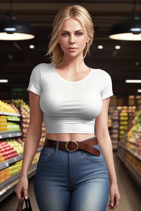 picture of (charlizetheron_ti:0.99), a woman (wearing a tight white t-shirt:1.2), (wearing jeans), (big breasts), modelshoot style, (extremely detailed CG unity 8k wallpaper), photo of the most beautiful artwork in the world, professional majestic oil painting by Ed Blinkey, Atey Ghailan, Studio Ghibli, by Jeremy Mann, Greg Manchess, Antonio Moro, trending on ArtStation, trending on CGSociety, Intricate, High Detail, Sharp focus, dramatic, photorealistic painting art by midjourney and greg rutkowski, (leather belt), ((in a supermarket)), (looking at viewer), (detailed eyes:1.2)