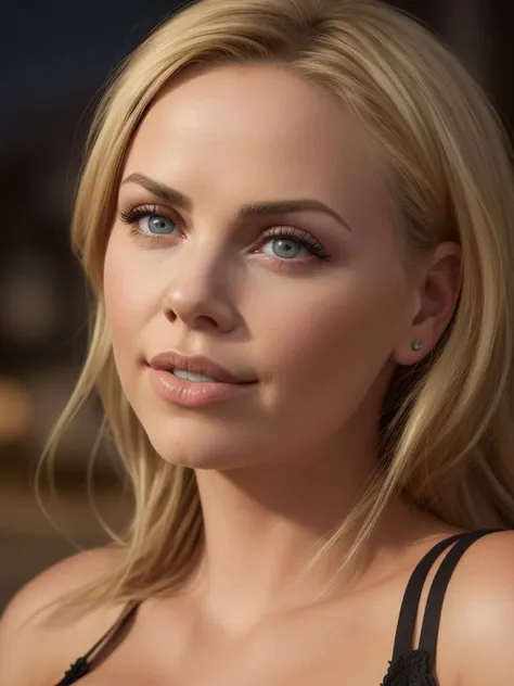 A close up of a woman with a black top and earrings - SeaArt AI