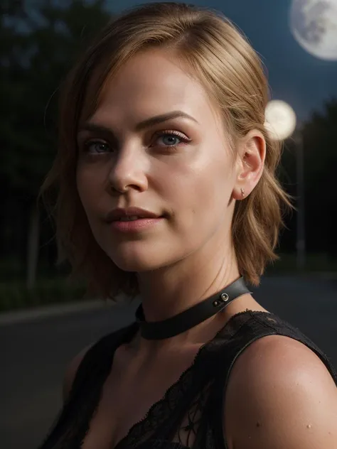 RAW photo, (high detailed skin, detailed eyes:1.1), intricate details, best quality, 8k uhd, (charlizetheron_ti:0.99), black dress, moon in background, blonde hair, night, (photorealistic:1.6), photoreal, hyperrealistic