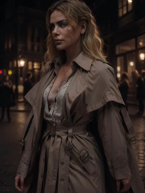 RAW photo, (high detailed skin, detailed eyes:1.1), intricate details, best quality, 8k uhd, (charlizetheron_ti:0.99), outside, blonde hair, night, (photorealistic:1.6), photoreal, hyperrealistic, black trench coat <lora:Bloodborne:0.7>
