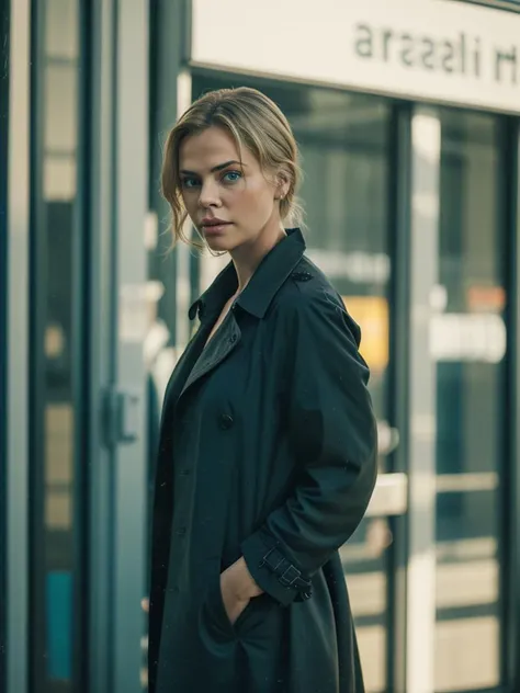 RAW photo, (high detailed skin, detailed eyes:1.1), intricate details, best quality, 8k uhd, (charlizetheron_ti:0.99), outside, blonde hair, night, (photorealistic:1.6), photoreal, hyperrealistic, black trench coat, film overlay, film grain <lora:Heavy_grain:0.7>