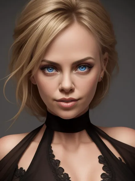 RAW photo, (high detailed skin, detailed eyes:1.1), intricate details, best quality, 8k uhd, black dress, (charlizetheron_ti:0.99)