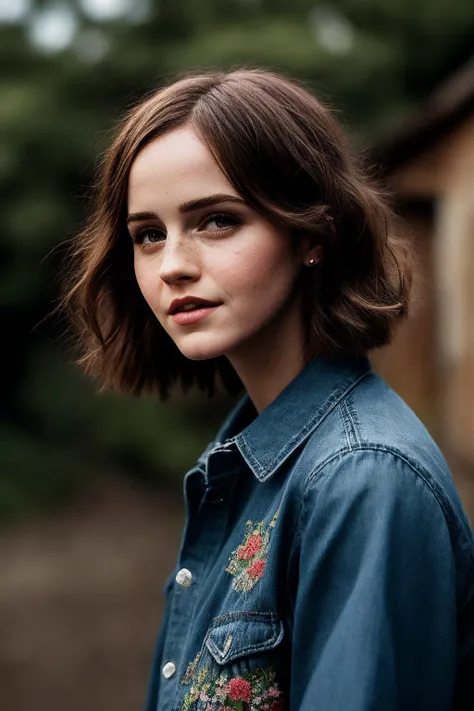 EmmaW_SoloTI_v1,PA7_Portrait-MCU, (A rustic peasant blouse, paired with embroidered denim shorts and worn-out boots, for an earthy and folk-inspired style:1.1), ((In a quaint countryside village, with blooming wildflowers and the sound of acoustic guitars, as stories are shared and melodies are woven:1.2)), (seductive), photorealistic, masterpiece, high quality, artistic, unique, award winning photograph, professional, 8k, RAW photo, best quality,flattering, (cinematic:1.3), <lora:add_detail:0.5> ,<lora:LowRa:0.3>