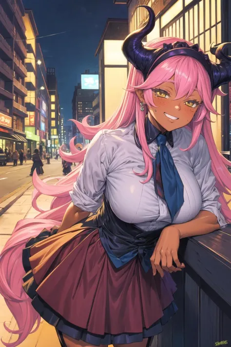 <lora:genshiv1:0.8> (highly detailed:1.2) 1girl, solo, piercing, clothed, horns, pink hair, standing, night, busy city street, japanese city, leaning forward, looking at viewer, happy, smug, strapless, skirt, outdoors, blush, freckles, demon tail, piercing, long hair, dark-skinned female, garter straps, (detailed pupils:1.2), yellow eyes