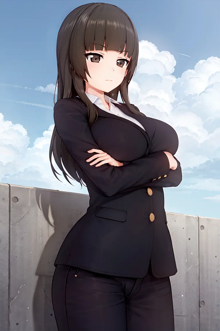 masterpiece, best quality, 1girl, solo, milf, girls und panzer, nishizumi shiho, blunt bangs, pant suit, breast focus,standing, crossed arms, breast rest, sinister, blue sky, clouds <lora:Nishizumi Shiho:0.6>