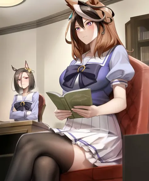 SymboliRudolf, tracen school uniform;  AirGroove, tracen school uniform; fanart; 2girls, sitting, cinematic angle,  horse girl, horse ear, brown hair, gray hair,
 indoors, President's office 
<lora:umamusume_extract_conv05_linear005:1>