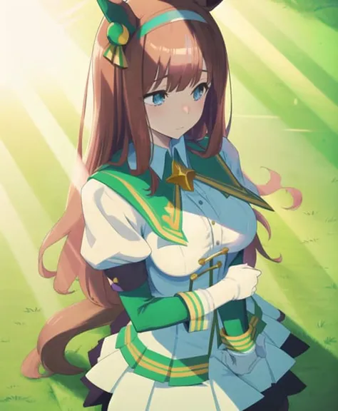 SilenceSuzaka, racing suit; aniscreen,  cowboy shot, meadow, grass, sunlight, hairband,
1girl, solo, horse girl, beautiful eyes
  <lora:umamusume_extract_convP02_linearP06:0.9>