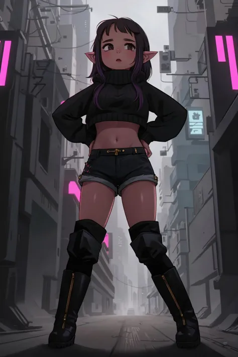 1girl, pointy ears, sweater, large breasts, midriff, unzipped short shorts, black boots, cyberpunk, (:1.2)