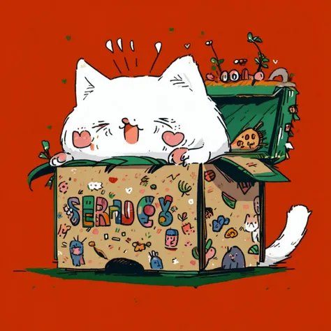 a cute cat in a box, simple background <lora:mjty:1> mjtyhz