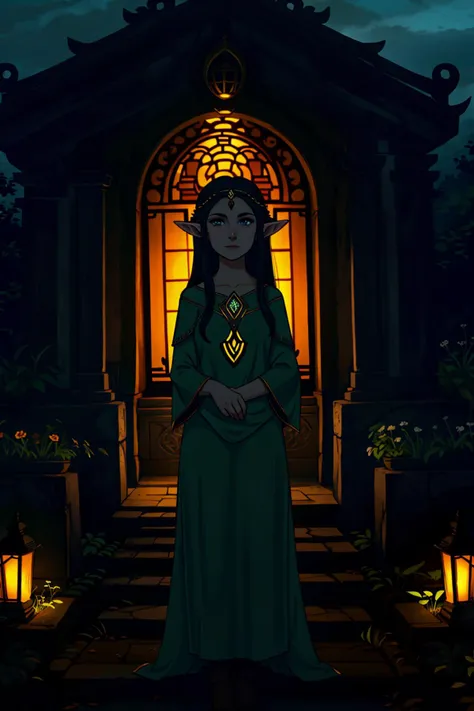 an elven woman, dark garden, temple, glowing lights