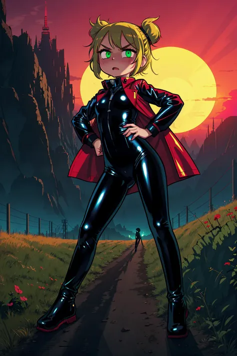 minature chibi girl , angry mischievous, slim, slender, (spoken love), (skintight latex suit, shiny:1.1), red labcoat, synthwave sunset, blonde messy bun, green eyes, (by beksinski:1.2), (flat colors), (extremely annoying immature:1.1) (hdr sunglare)