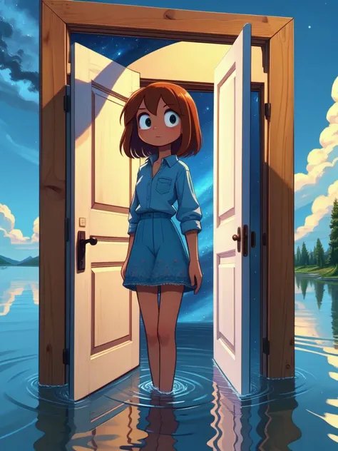 (masterpiece, best quality, detailed:1.5), 1girl, <lora:girllikeopendoor:0.8> open door, night sky inside frame, standing in water, futurama style