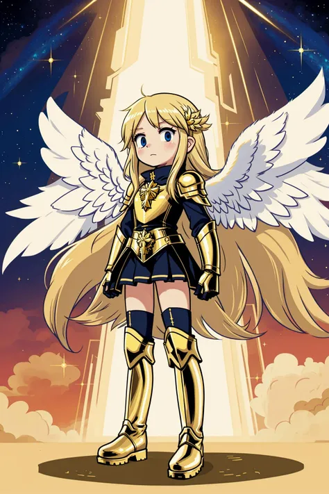 (angel:1.2) girl, wearing boots, shiny golden metallic armor, (blonde, long hair:1.1),   and golden ornaments, high contrast, (Leiji Matsumoto:1.2)