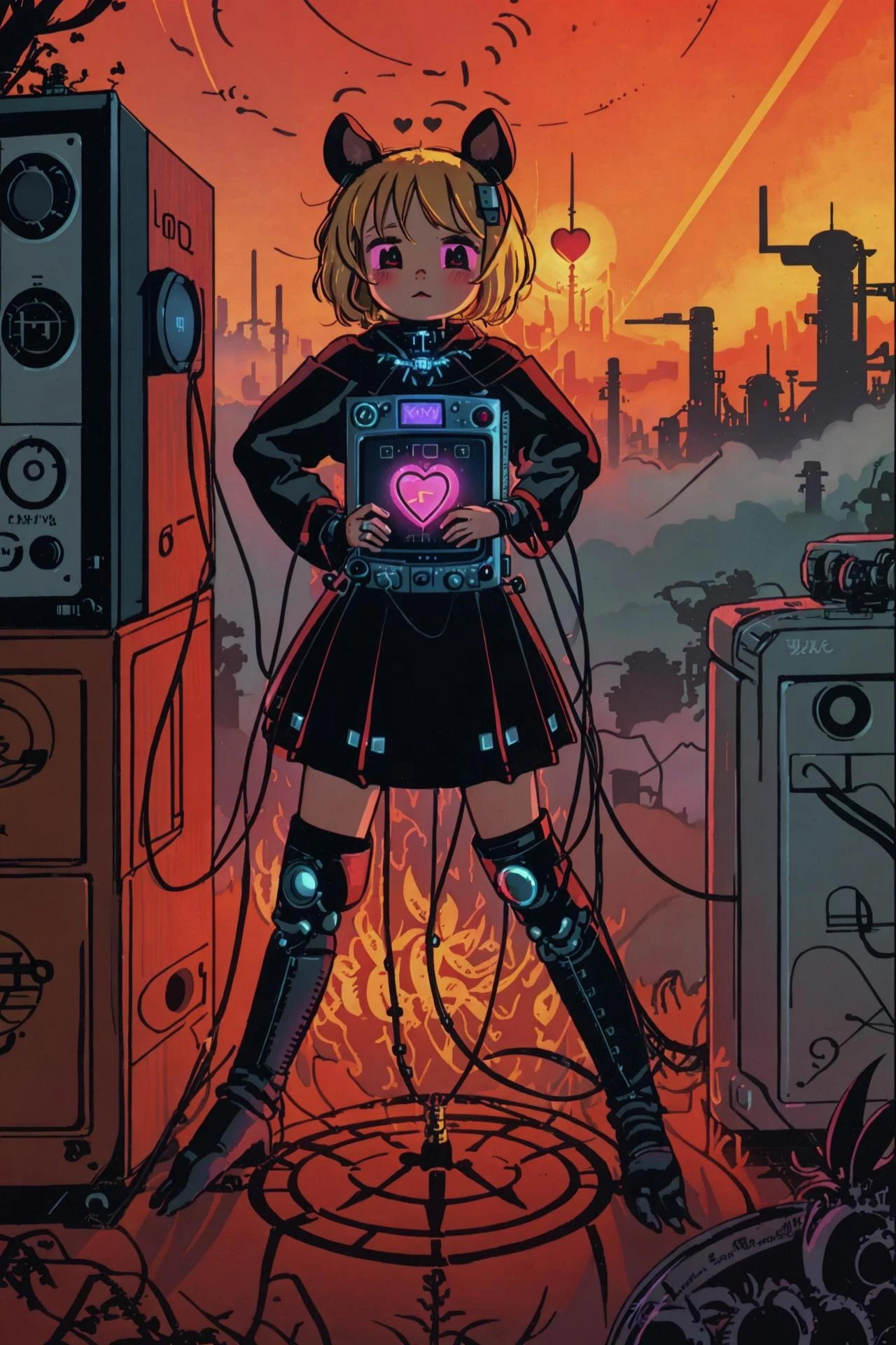 tarot card <lora:Tarotv0.2:0.9> lofi (the perfect love:1.2) cyborg a computer mouse in the shape of a tarantula (flat color:0.6) chibi girl witch shiny Cedar Chest rust bokeh mist fog epic analog synth ecopunk album cover, synthwave, kawaii, cute, blonde, (:1.2)