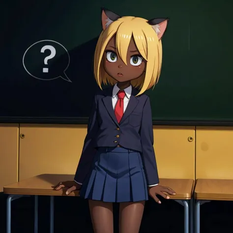 slim immature cat girl (spoken question:1.2), blonde hair, pitch black skin, sexy school uniform, simple background