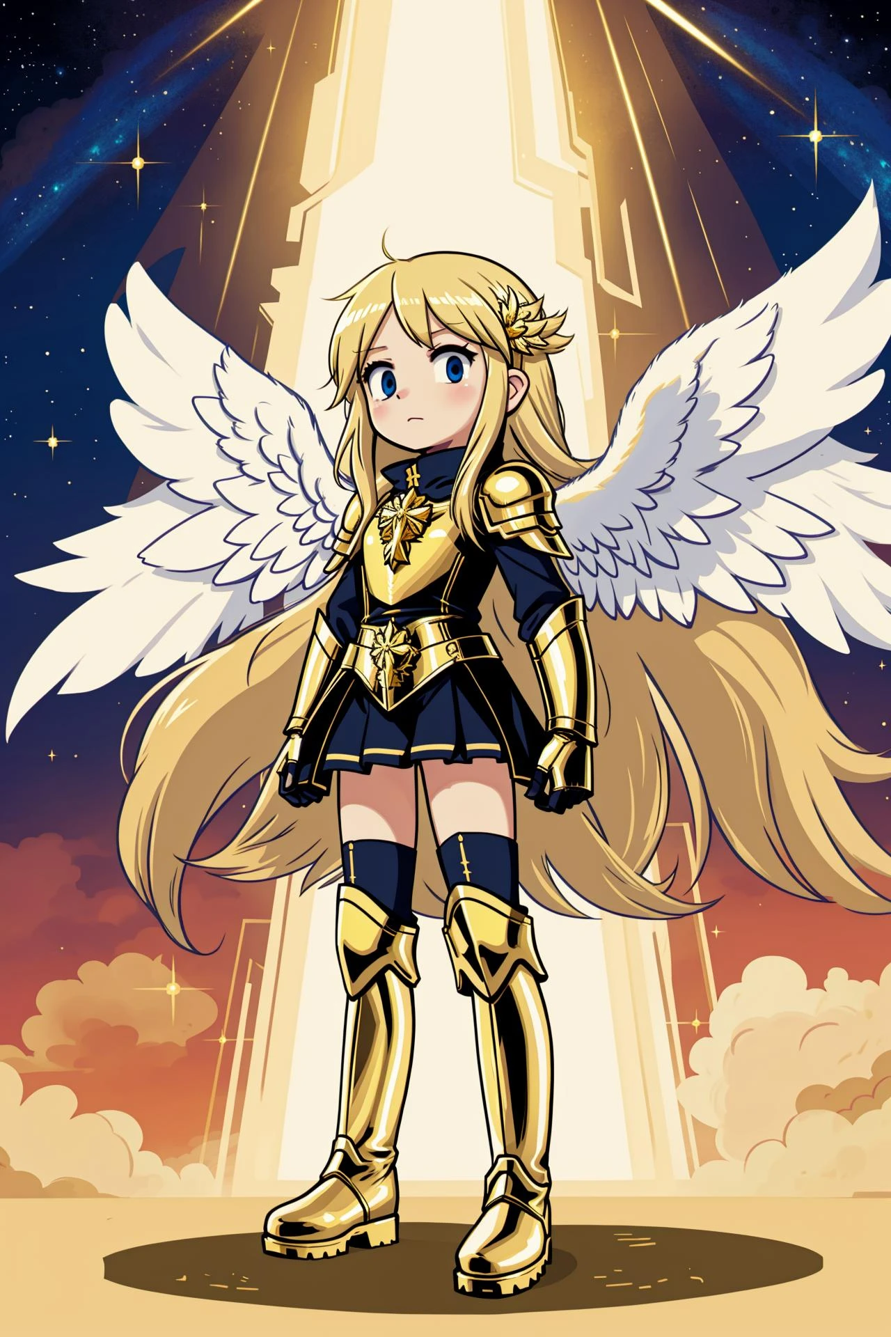 (angel:1.2) girl, wearing boots, shiny golden metallic armor, (blonde, long hair:1.1), and golden ornaments, high contrast, (Leiji Matsumoto:1.2)
