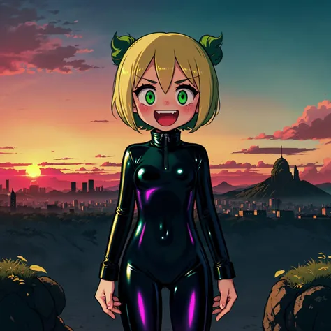 chibi girl , laughing mischievous, slim, slender, (spoken love), (skintight latex suit, shiny:1.1), synthwave sunset, blonde messy bun, green eyes, beksinski, (flat colors), (extremely annoying immature:1.1)