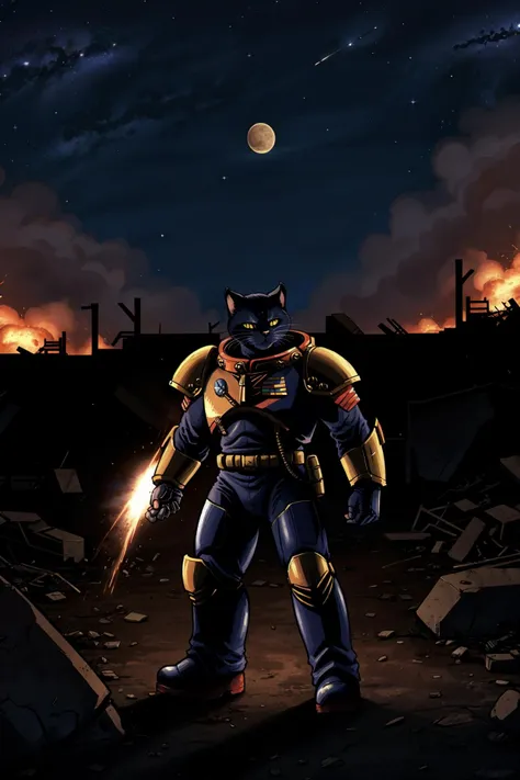 space marine terminator cat, infront of a ruined city