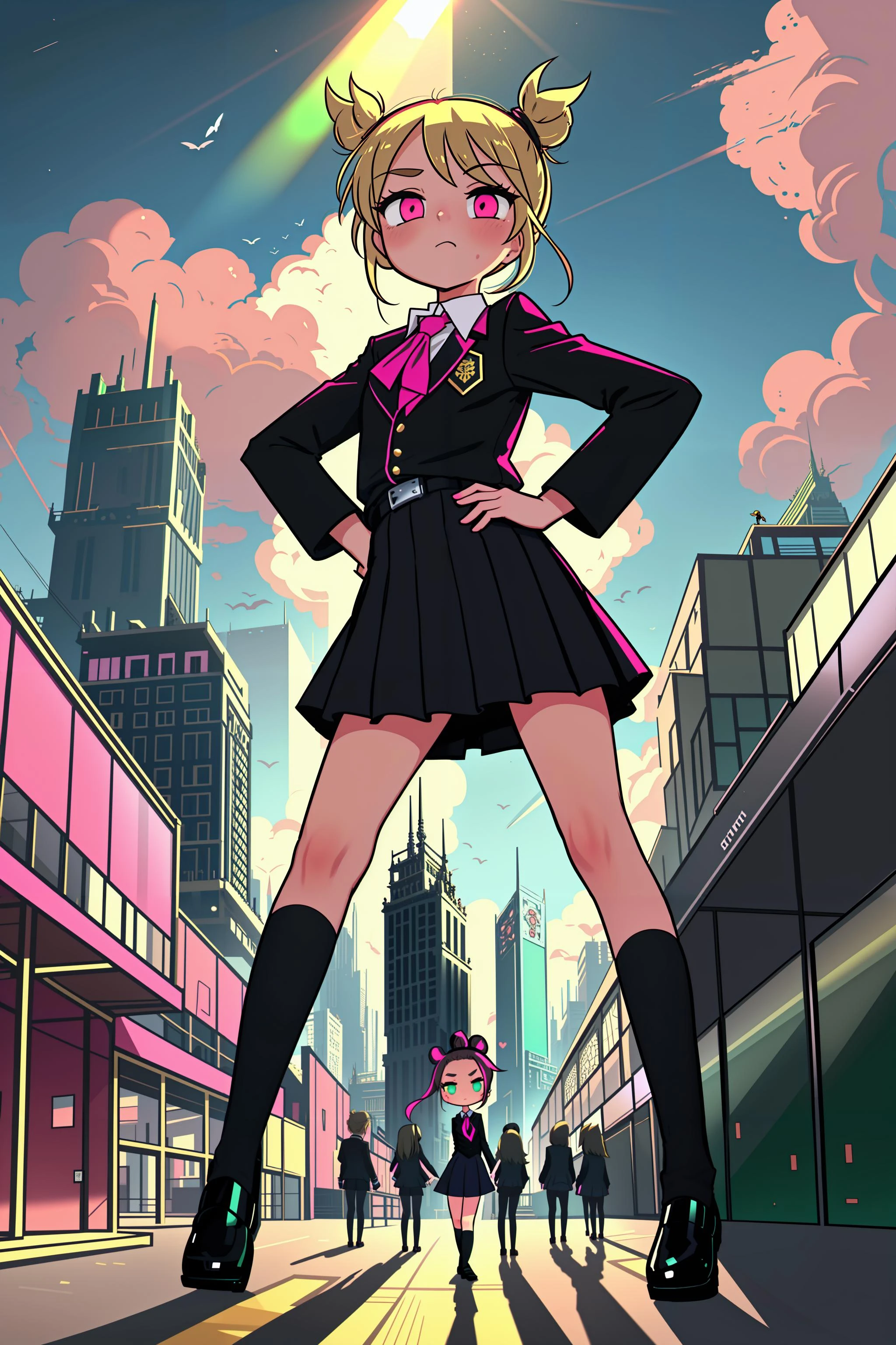 giiantess towering over chibi girl (minature skyscrapers), surprised mischievous, slim, slender, (spoken love), (sexy schoogirl uniform, black pink, shiny:1.1), (blonde bun:1.2), green eyes, by beksinski, (flat colors), (extremely annoying immature:1.1) (hdr sunglare)