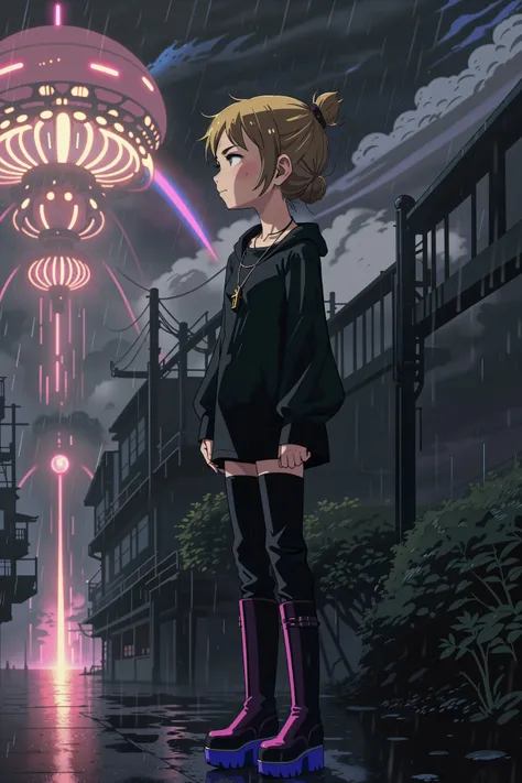 smug slim angel girl, wearing platform boots, thin leather clothes, in the rain flat colors, (blonde, hair bun:1.1), shiny Intersteller multicolored stripes, necklace, alien  planet, black pink, high contrast, rain (by Beksinski, HR Giger, Junji Ito, Ilya Kuvshinov, Leiji Matsumoto , Steve Henderson, Charlie Bowater, Makoto Shinkai:1.2)