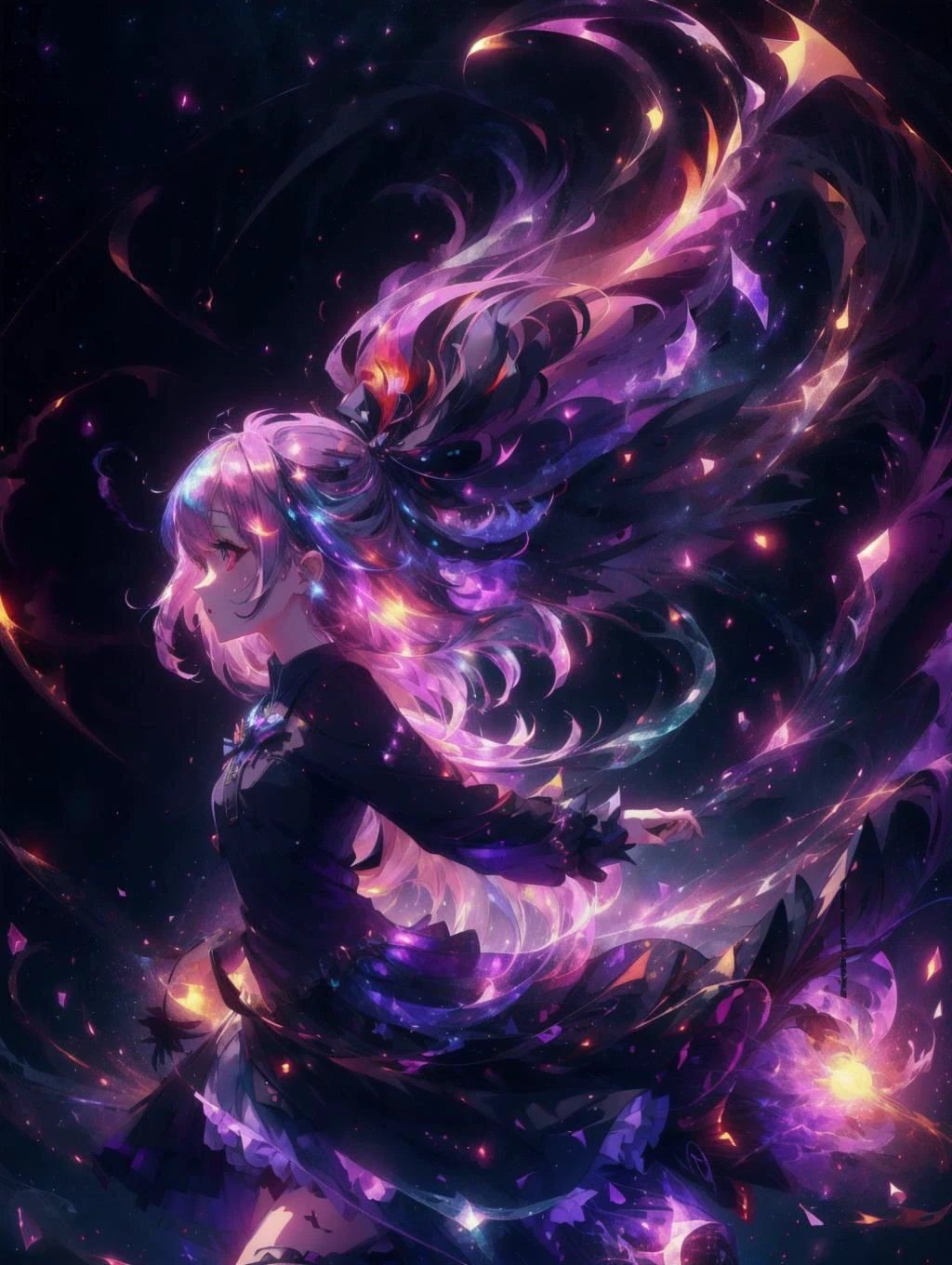 a cute girl witch, beautiful, floating in the air, scary, emitting energy, dark, <lora:RainbowHairV1:1>, <lora:ExplosionMagic:0.7> explosionmagic , excessive energy, smoke, glowing aura, magical, <lora:DonMF41ryW1ng5:0.5>, flowing dress, <lora:ClothingAdjuster3:-0.3>, low angle view, full body