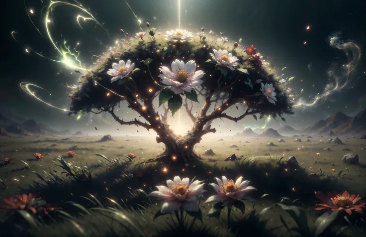 <lora:ExplosionMagic:0.8> explosionmagic , (masterpiece, best quality, realistic, detailed, crisp:1.2), (low angle), (small patch of green grass, lone flower), in the middle of a grey barren land, cracked ground, dry land, excessive energy, smoke, glowing aura