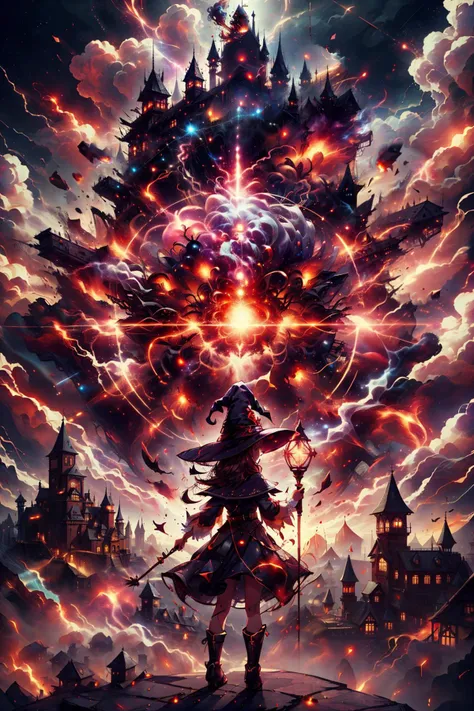girl looking at exploding castle,(1girl:1.1),cute,little hat,magic staff, <lora:ExplosionMagic:1> (explosionmagic , excessive energy, smoke, glowing aura:1.1),giant explosions,flying debris, (masterpiece, best quality)