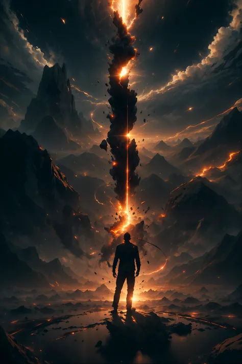 <lora:ExplosionMagic-20:0.6> explosionmagic , <lora:r1ge - AnimeRage:0.4> r1ge, (masterpiece, best quality, realistic, detailed, crisp:1.2), (landscape:1.2), (small silhouette of a man. from behind), shadow, (black, darkness:1.2), giant vertical fissure of energy, bright light, casting shadow, clean, surreal,
