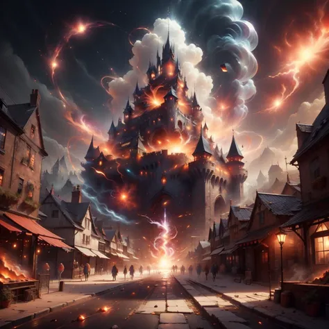 <lora:ExplosionMagic-20:0.8>, explosionmagic , smoke, glowing aura , excessive energy,
buildings, castle , crowded, stores ,(winding alley:1.1)