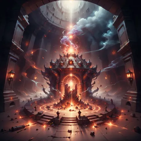 <lora:ExplosionMagic-20:0.8>, explosionmagic , smoke, glowing aura , excessive energy,
(dungeon interior :1.1) , labyrinth, bridge , pillars, dark indoors, pedestal