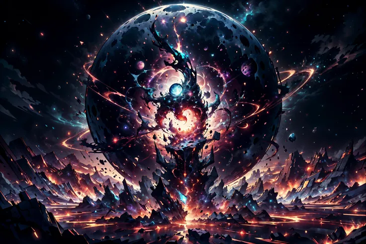 <lora:ExplosionMagic:0.6> <lora:CelestialSkin-20_1.2+kionantArtistStyle_v10_0.6:0.3> explosionmagic , (masterpiece, best quality, realistic, detailed, crisp:1.2), night sky, horizon, shattered moon, outdoors, (jagged peaks), void cosmic body, colored skin, silhouette, excessive energy, glowing aura