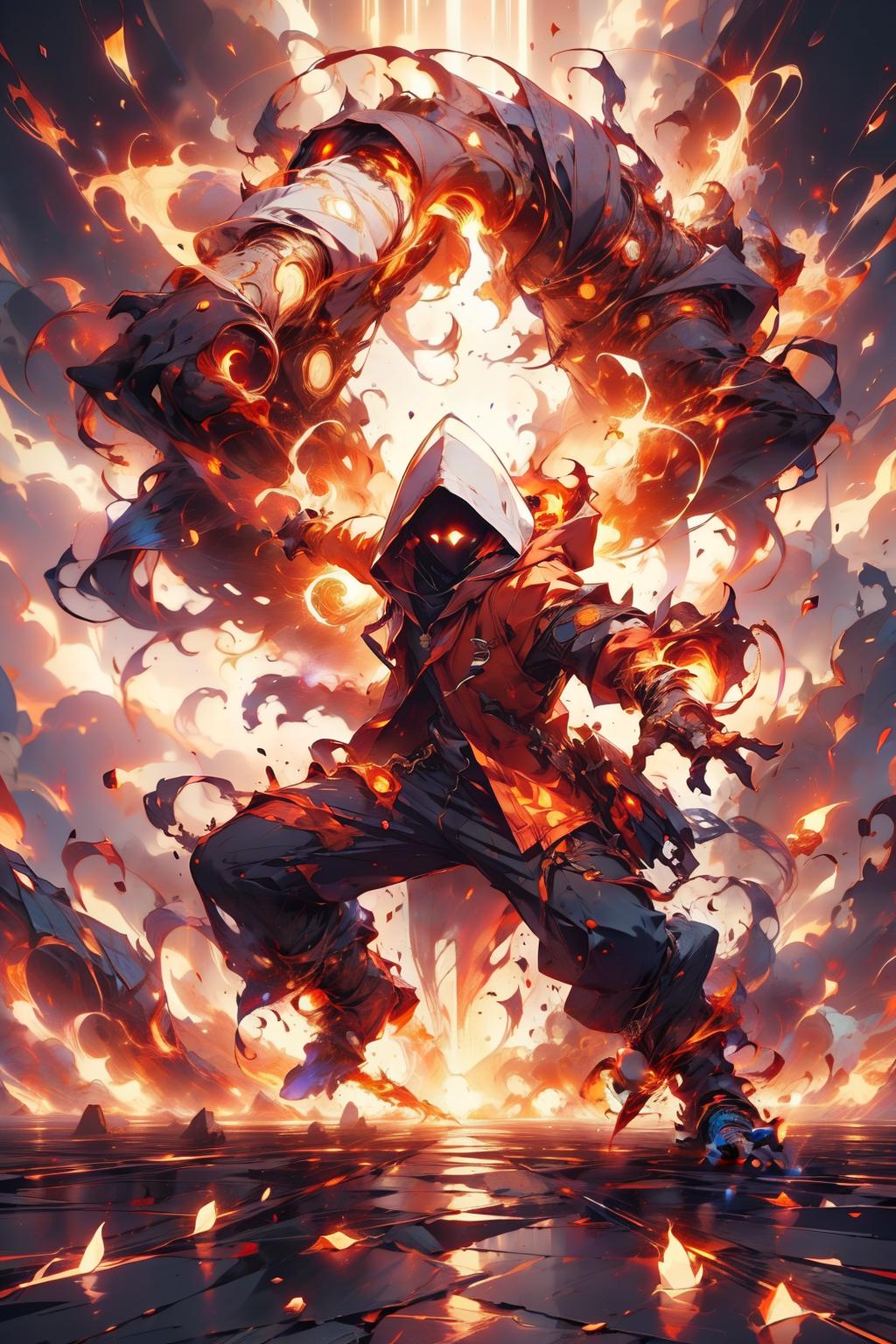 A man in a red jacket and a white hoodie is surrounded by flames ...