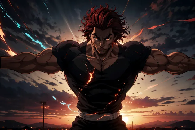 <lora:ExplosionMagic:0.5> explosionmagic , (masterpiece, best quality, realistic, detailed, crisp:1.2), horizon, cloudy, outdoors, <lora:YujiroHanma5:0.6> YujiroHanma, (sunset, 1boy), silhouette, glowing aura, male focus, solo, black shirt, muscular male, red hair, manly, black pants, veins, pupils, brown eyes