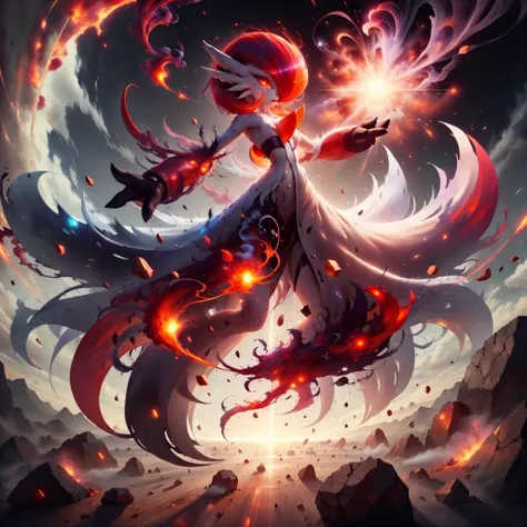 <lora:ExplosionMagic-20:0.8>, explosionmagic , smoke,
best quality, (Masterpiece) , full body, simple background , dynamic pose, <lora:gardevoir_V2:1>, (red hair), red skin , hair over one eye, multicolored skin, pokemon \(creature\), orange eyes, short hair, two-tone skin, white skin , cloudy sky, wide shot, glowing eyes, floating object, rocks, gardevoir , long skirt ,