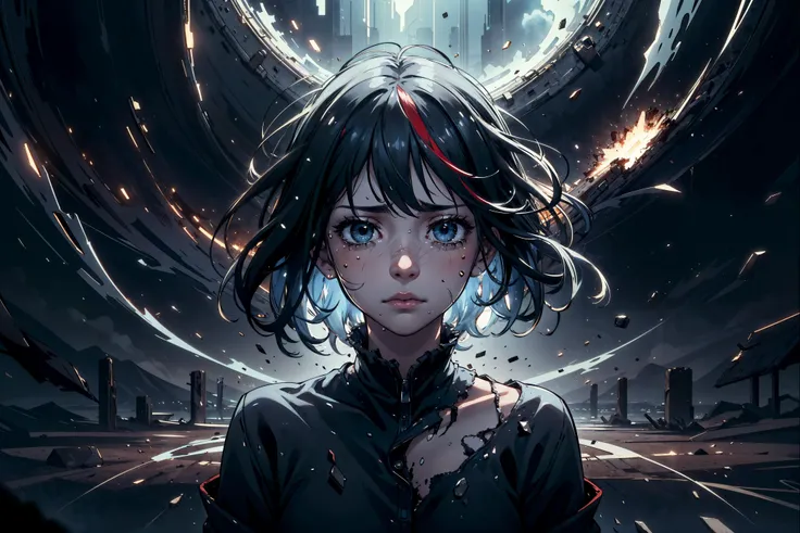 <lora:ExplosionMagic:0.5> explosionmagic , (masterpiece, best quality, realistic, detailed, crisp:1.2), heart-wrenching, melancholic scene, young girl weeping in solitude, tear streaked face, sorrow, isolation, despair, poignant, shades of blue and grey,