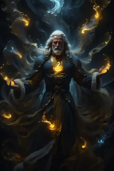 an (extremely detailed masterpiece) of one male (1boy) Santa Claus with his flowing medium length white hair and muscles and (medium length beard) with flowing (bright yellow) Santa robes with (white fur trim), (highly detailed blue eyes:1.2), (toned physique:1.1), (Style-GravityMagic:1.1), (twisting swirls of yellow magic), (moody color tones), (elaborate textures:1.2), (volumetric lighting), medium depth of field, oil painting, (8k UHD, highest quality), <lora:add-detail-xl:0.8>, <lora:xl_more_art-full_v1:0.8>, <lora:DreamARTSDXL:0.9>, <lora:ExplosionMagic:0.8> explosionmagic, excessive energy, smoke, glowing aura