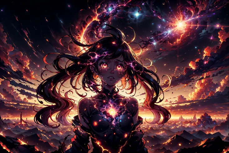 <lora:ExplosionMagic:0.6> <lora:CelestialSkin-20_1.2+kionantArtistStyle_v10_0.6:0.3> explosionmagic , (masterpiece, best quality, realistic, detailed, crisp:1.2), crying, horizon, cloudy, outdoors, (sunset), void cosmic body, silhouette, excessive energy, glowing aura