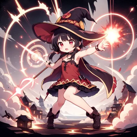 <lora:ExplosionMagic-20:0.7>, explosionmagic , smoke, glowing aura , excessive energy,
magic circles , beam from the sky , casting a spell, <lora:St_Megumin:0.7>, Huihui, 1girl, hat, megumin, solo, witch hat, red eyes, cape, black hair, short hair, short hair with long locks, choker, collar , red dress, bare shoulders, full body, arm up,